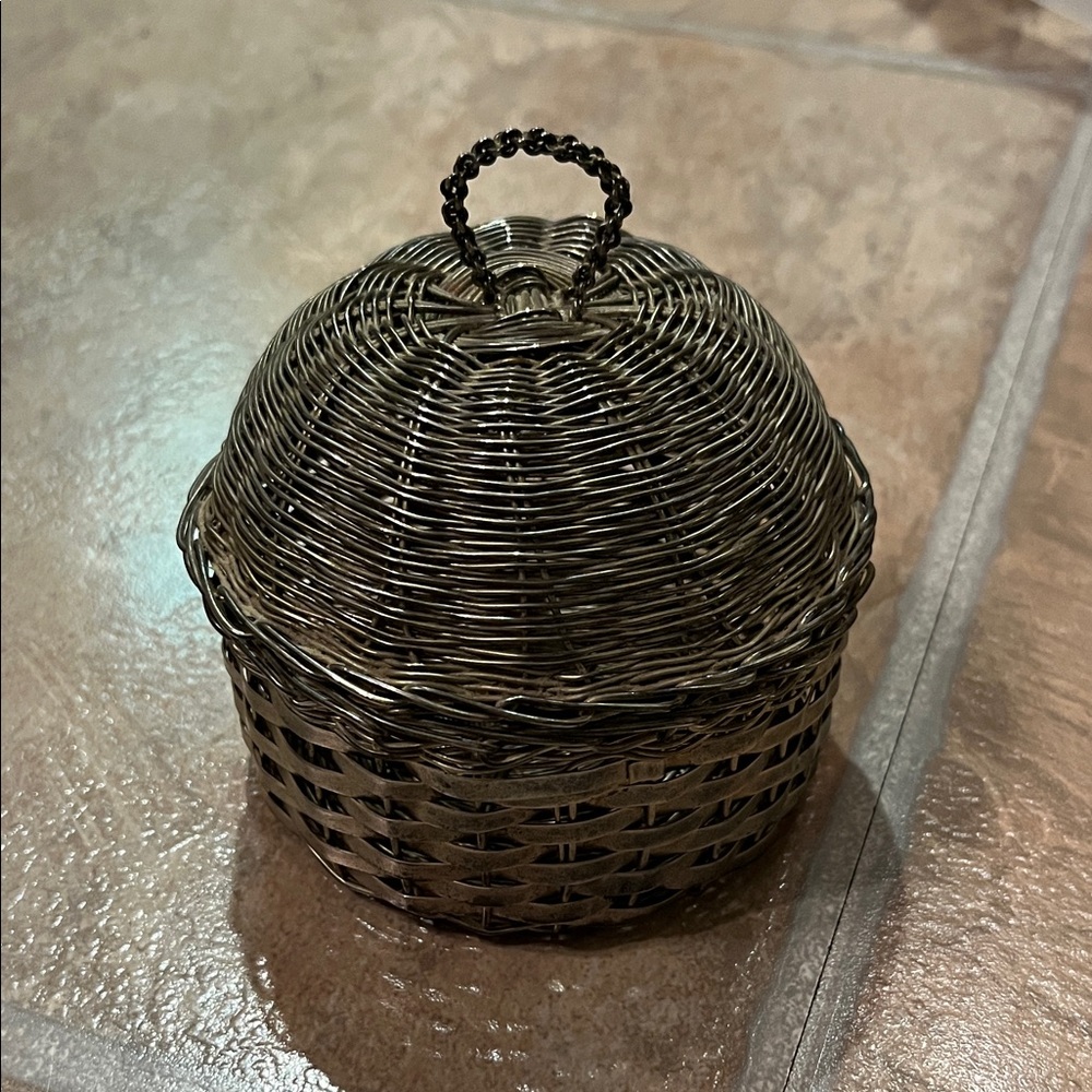 Elaborate Elegant Woven Basket with Lid - Grey Metal Vintage